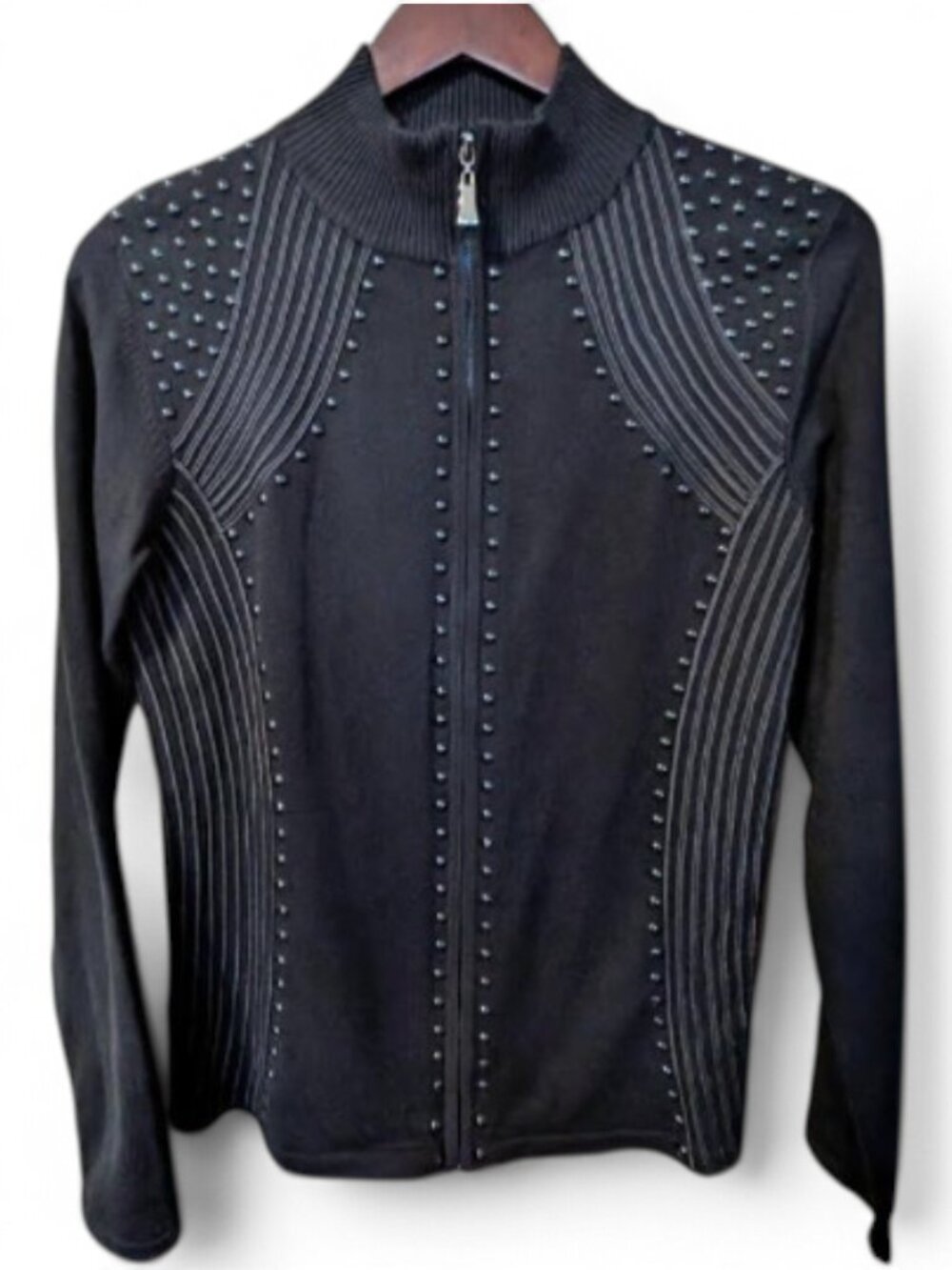 Minkas Black Studded Cardigan Sweater Decorative Stitching NWT M